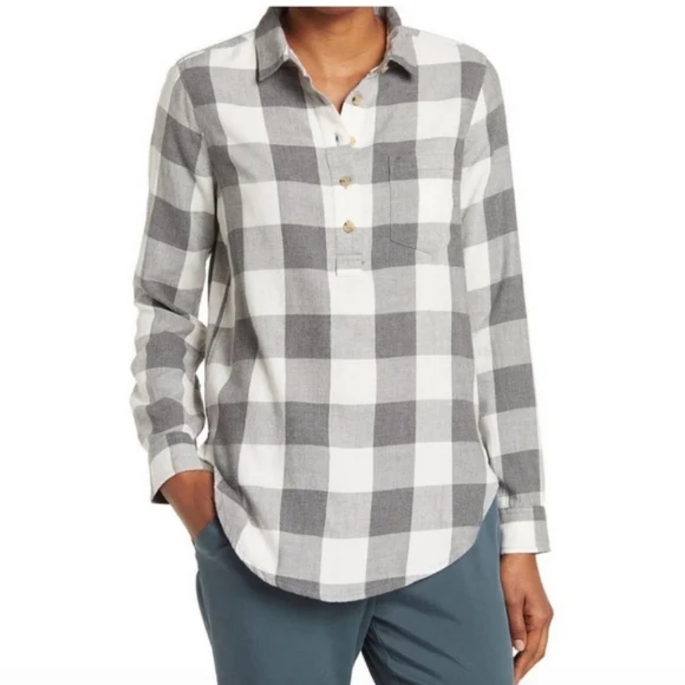 Marine Layer Women's Carla Relaxed Popover Buffalo Check Long Sleeve Grey EUC
